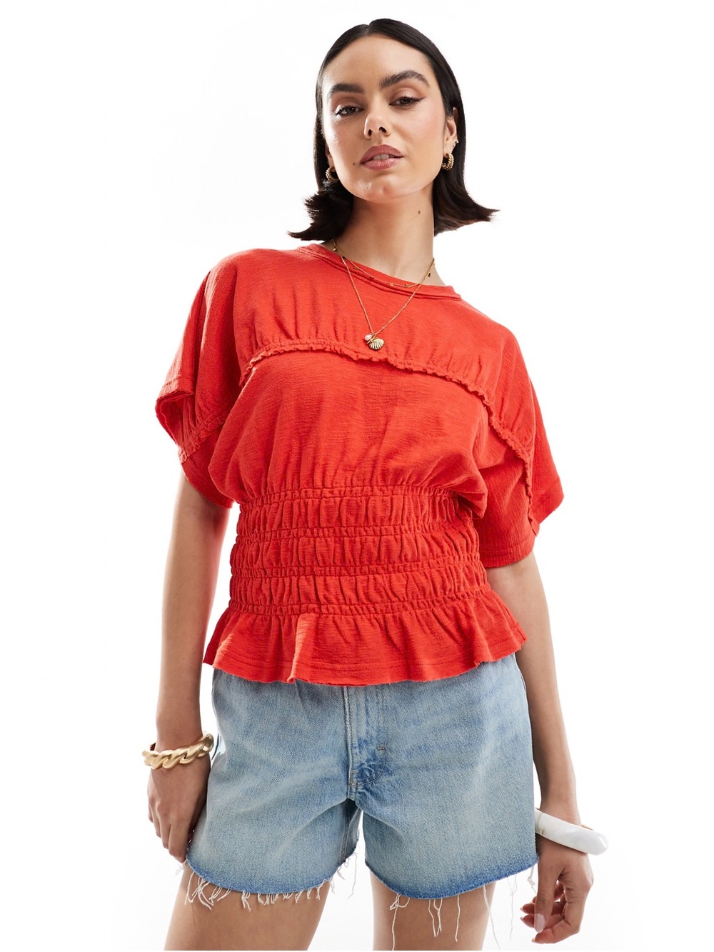 ASOS Design textured slubby shirred waist tee in red